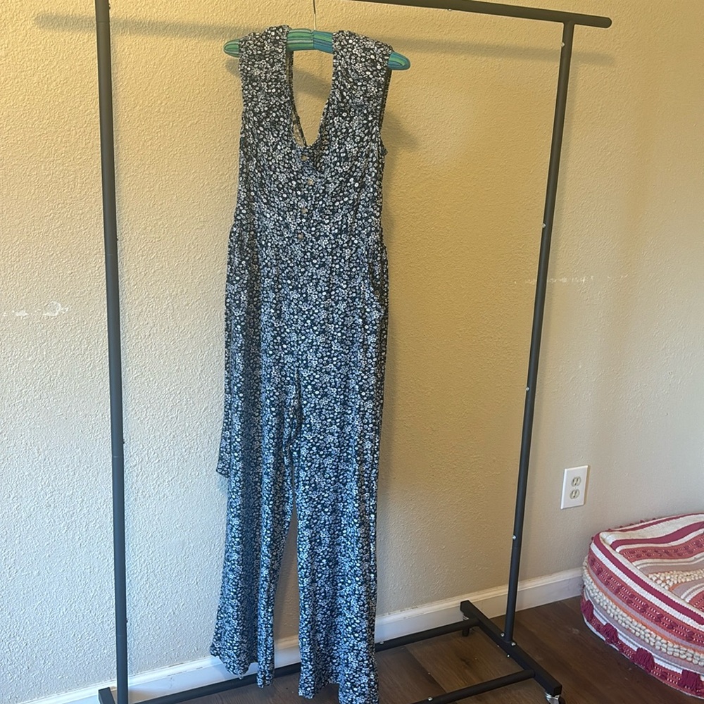 No Boundaries Navy Blue and White Floral Jumpsuit